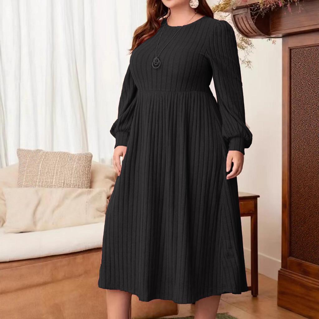 European 2025 Casual Plus Size Solid Color Ribbed Knit Dress for Women