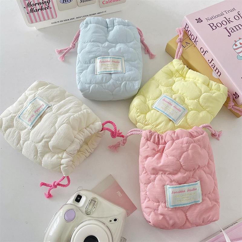 Drawstring Storage Bag For Camera Solid Color Heart Striped Organizer Candy Color Portable Travel Makeup Case