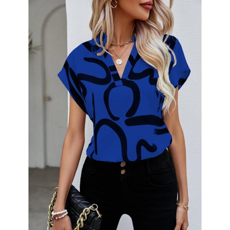 Chemise d'été pour femme Manches chauve-souris Hauts Dame Élégant Simple Imprimé Décontracté Chemisier pour femme Nouvelle Mode Vacances à la plage Lâche Vêtements féminins