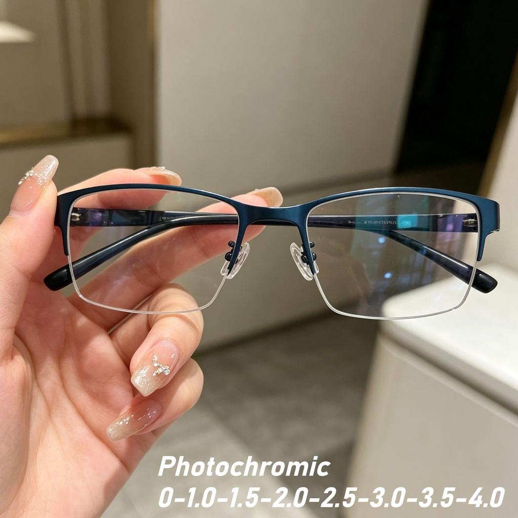 Photochrome Myopiebrille für Herren, Vintage, Business, Halbrahmen, Minussichtbrille, männlich, Outdoor, Farbwechsel-Sonnenbrille, 0 bis 4,0