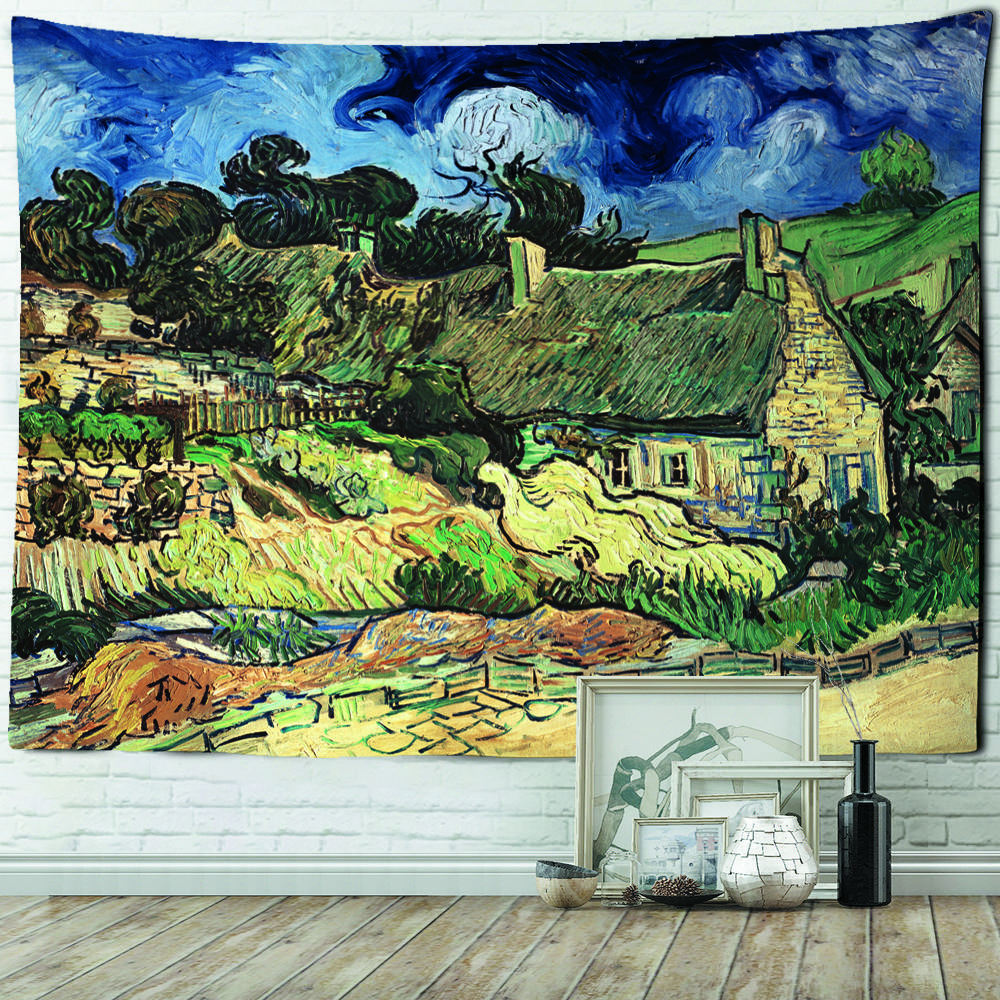

Збір врожаю на рисовому полі Олійний живопис Ван Гог Гобелен Настінний килим Богемна естетика Кімната Хіпі Фон Тканина Декор 95x70cm