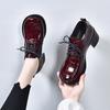Round head small leather shoes women's  embossed cow patent leather lace-up single shoes college style thick heel leather shoes four seasons shoes