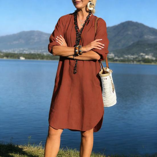 Baumwoll-Leinen-Kleid für Damen Boho Lässig Strandurlaub Sommerkleid Langarm V-Ausschnitt Locker geschnittenes Kleid