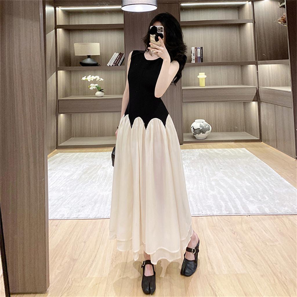 Elegant Ladies Round Neck Sleeveless Long Dress Chic Design Patchwork Color Formal Occasion Women Summer Dress
