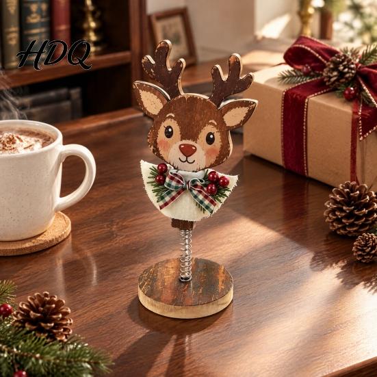 Vintage Christmas Room Decor Retro Wooden Ornaments Gingerbread Man/Reindeer/Snowman Figurine with Spring Base Nodding Elk Xmas Desktop Decorations