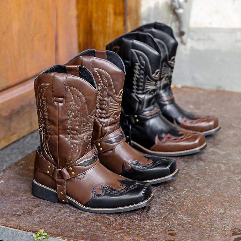 Men's Embroidered Leather Western Cowboy Boots - Retro European High-top Knight Style