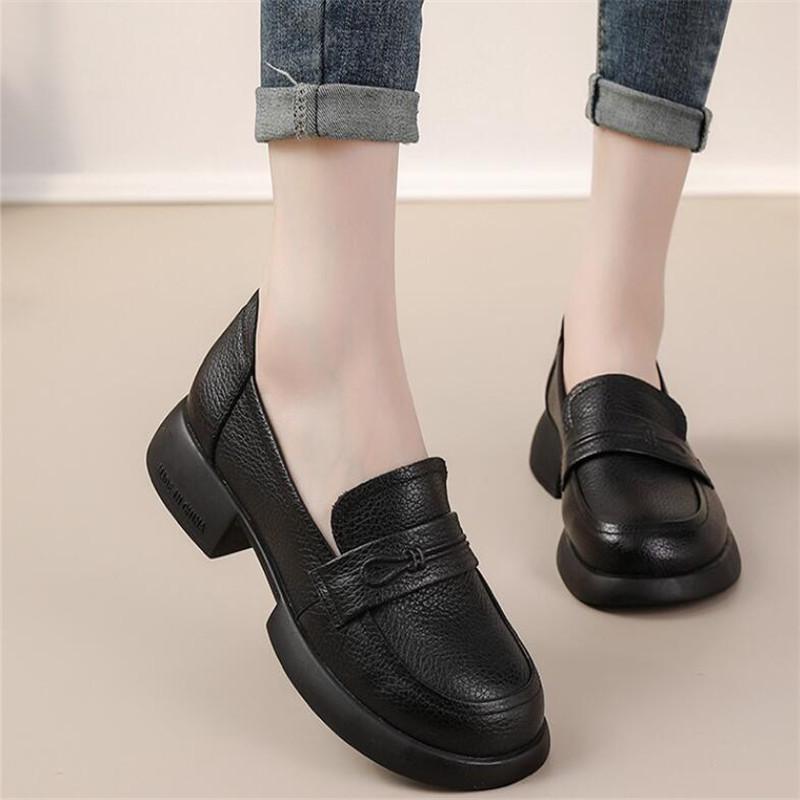 Fashion Cowhide Women Shoes Fashion Mid Heel Thick Soled Genuine Leather Retro Loafers Spring Autumn Flat Women Singles Shoes Mom Shoes