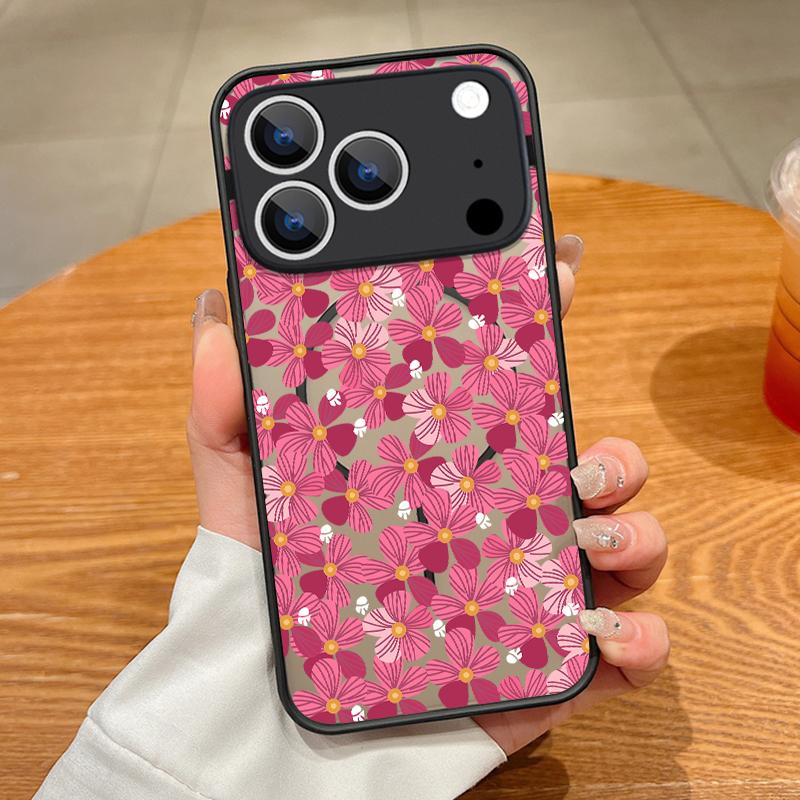Translucent Matte Magnetic Case For iPhone 17 16 15 Pro 14 13 Pro Max 16e 17e For Magsafe Pink Flower Print Hard PC Back Cover