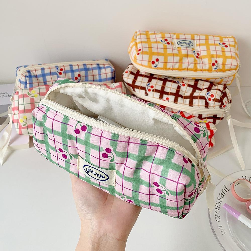 Portable Plaid Cloth Pencil Case Large Capacity Multi-Purpose Stationary Storage Bag Pencil Bag