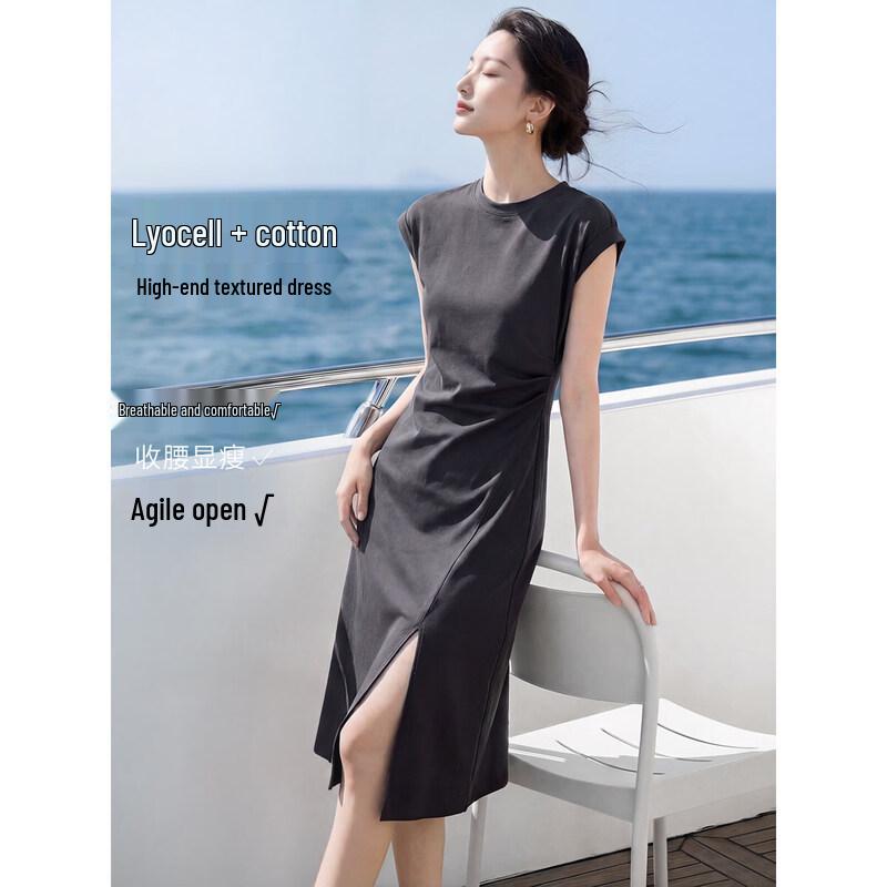 Mohan Yimei Lyocell Blend A-Line Midi Dress with Slit Hem M