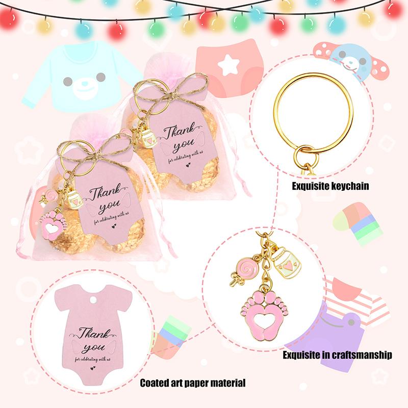 12 Sets Baby Shower Favors For Girl Boy Footprint Keychains Gifts With Bottle Lollipop Organza Bags And Thank You Tags