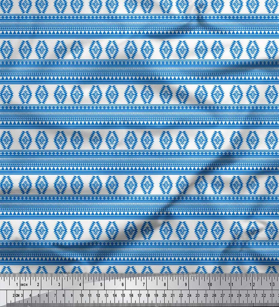 Soimoi Blue Japan Crepe Satin Fabric Aztec Geometric Printed Craft Fabric by the Metre 42 Inch