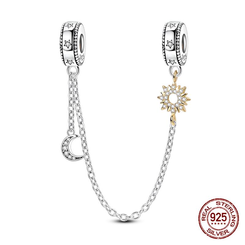 Original 100% 925 Silver Star Moon Safety Chain Fit 925 Original Bracelet & 3mm Bracelet DIY Jewelry Making Women Gift