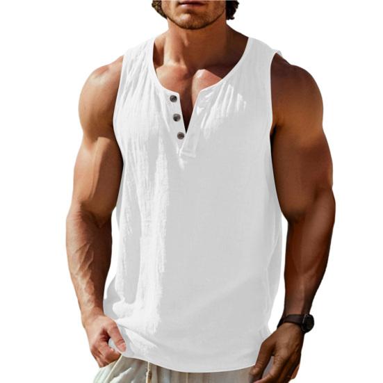 Men Vest Round Neck Buttons Half Placket Sleeveless Muscle Tank Tops Pure Color Loose Fit Summer Casual Camisole