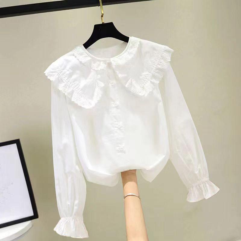 Autumn White Girls' Peter Pan Collar Long Sleeve Shirt - Fashionable Top for Big Kids and Students