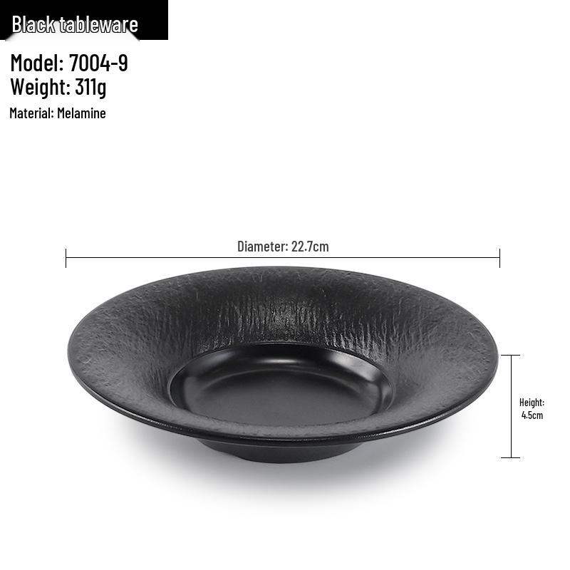 Melamine Black Round Plate for Pasta, Steak, Hot Pot, BBQ, and Tableware