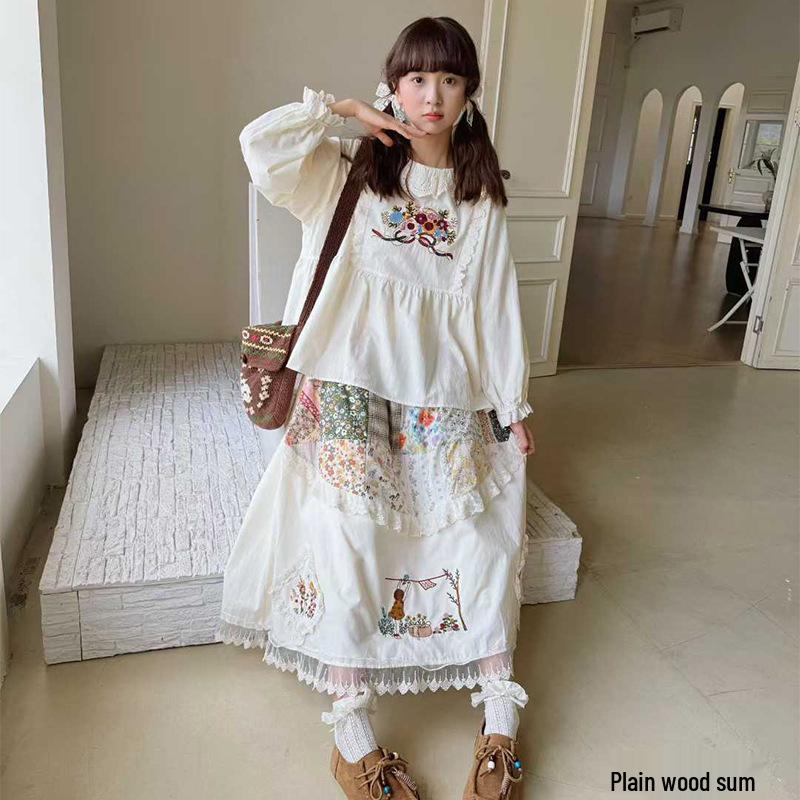 2025 Autumn Forest Style Color Block Lace Trim Embroidered Round Neck Long Sleeve Top