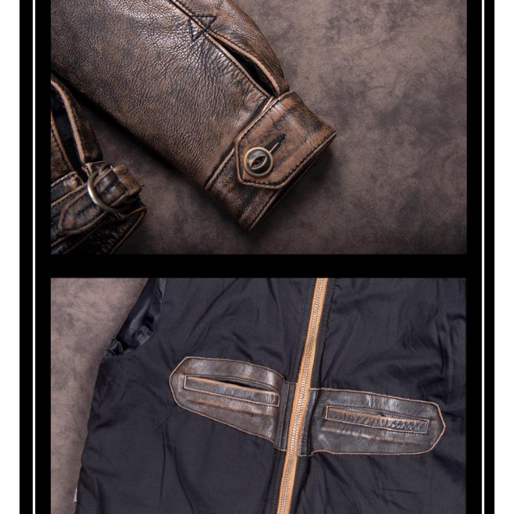 Chinese Size Vintage Men Genuine Leather Jacket Tea Core Cowhide Thickness 1.4mm Tanned Oil Waxed Real Leather Jacket Heavy Thick