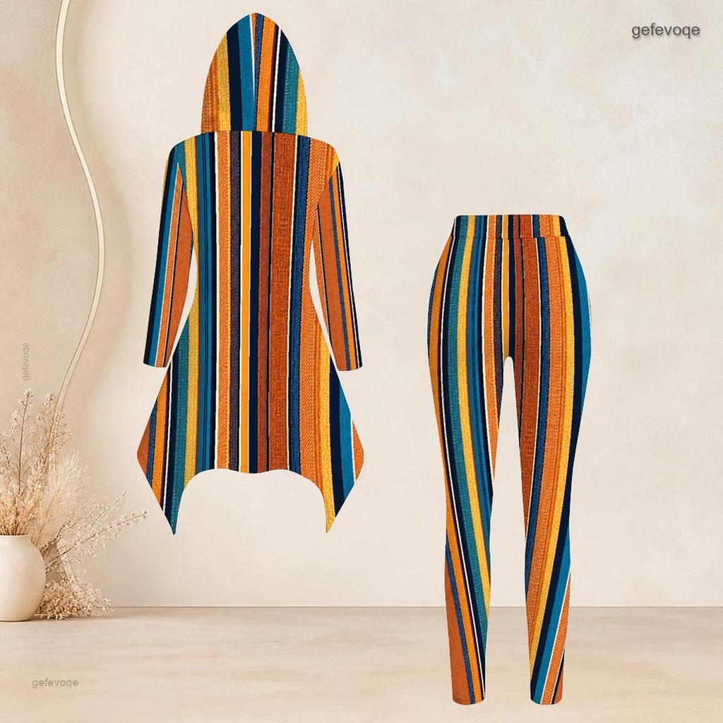 Women Plus Size Printed Hooded Long Sleeve High Low Top And Fitted Pants Two Piece Set