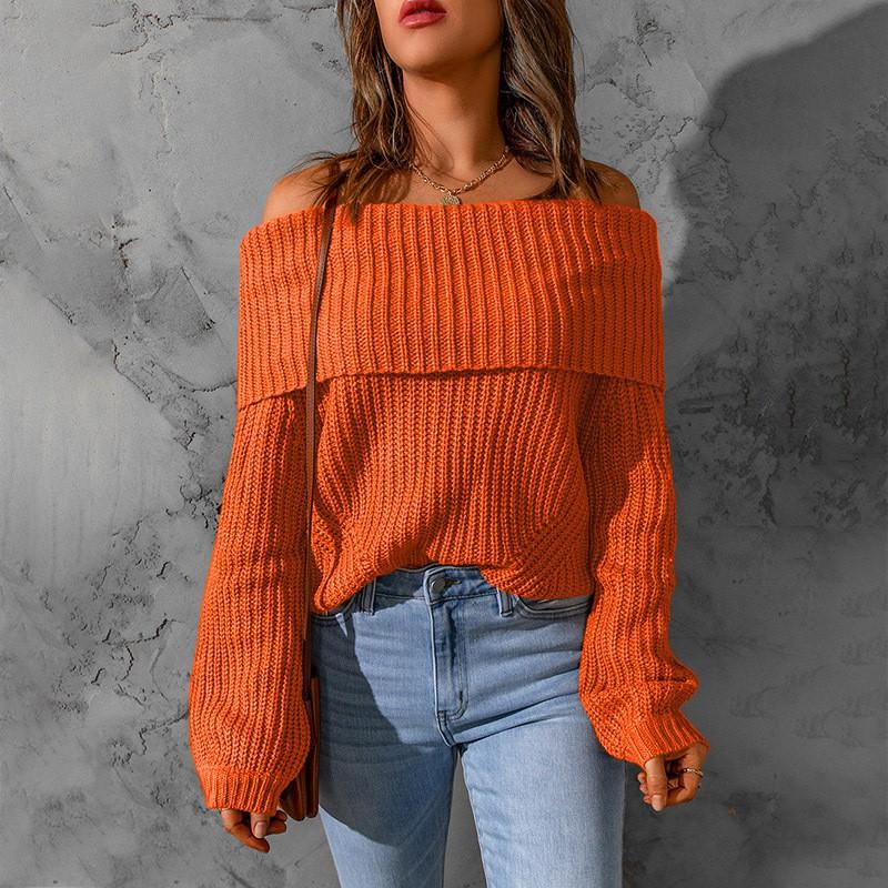 Womens Sweater Off Shoulder Solid Color Loose Fit Long Sleeve Temperament Elegant Winter Wear