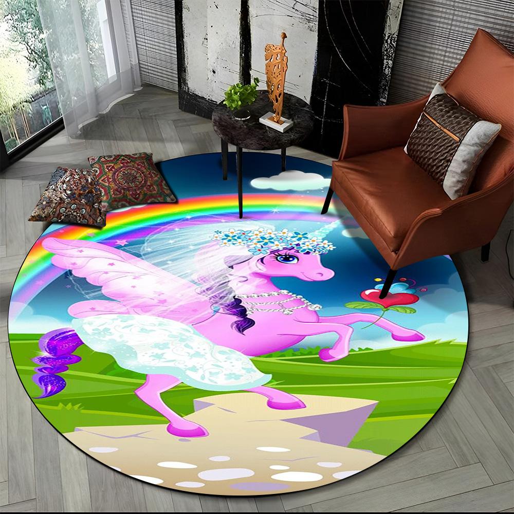 Unicorn Cartoon Animal Round Carpet Rug for Living Room Children's Bedroom Sofa Decor,Kid Paly Game Area Rug Non-slip Floor Mat