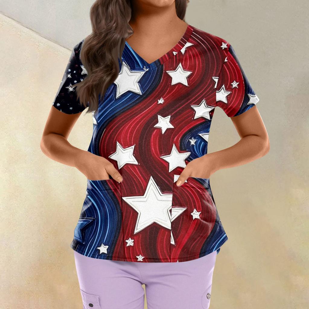Plus Size Printed Scrub Working Uniform Tops For Women's Cross V Neck Independence Day Print Short Sleeve Fun T-Shirts Workwear Tee With Pockets