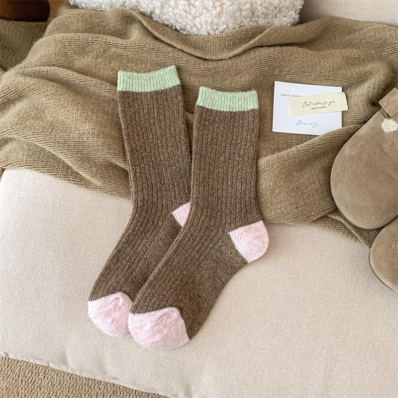 Japanese Color Block Wool Socks Thermal Stackable Crew Socks with Marled Knit Retro Autumn Winter Socks for Birkenstock Shoes