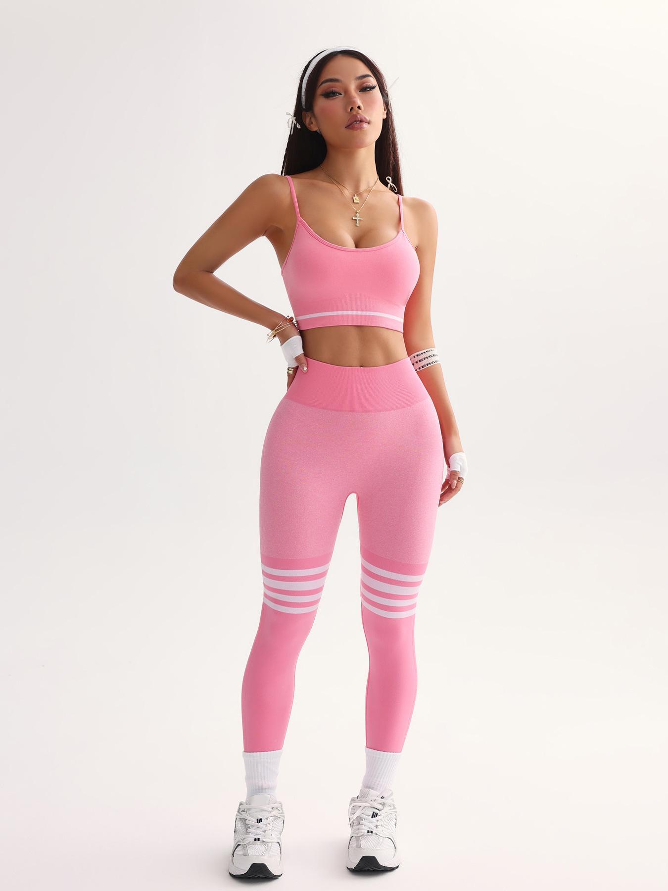 

Женский бесшовный спортивный бюстгальтер с высокой талией и комплект полосатых брюк для йоги L розовый