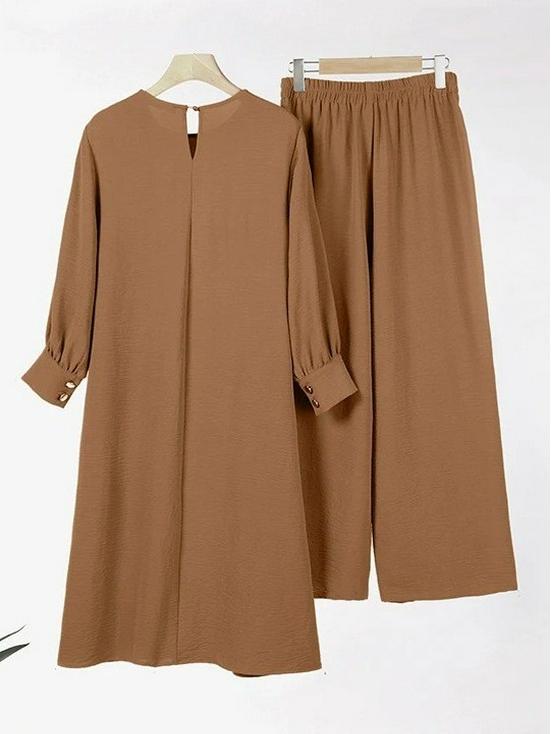 H718 Elegant Two-Piece Muslim Women's Suit: Irregular Long Shirt with Wide-Leg Pants