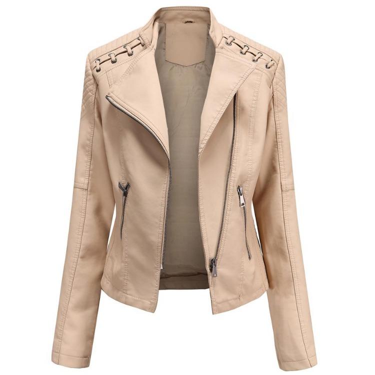 Stylish Women Faux Leather Moto Jacket Retro Lacing Detail PU Biker Coat Casual Zip Up Outerwear Slim Fit Short Classic Plus Size S-4XL