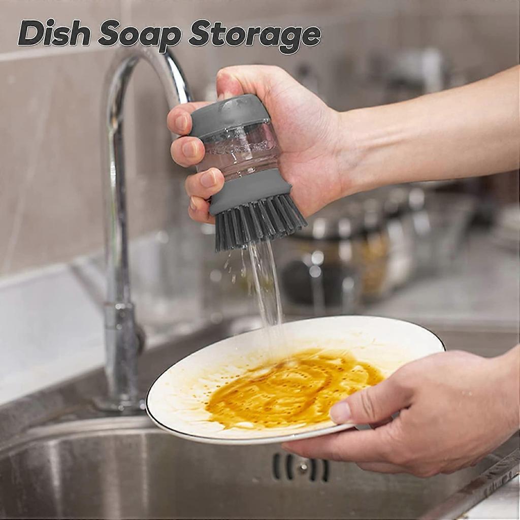 Soap Dispensing Dish Brush, Kitchen Hand Brush for Cleaning Dishes, Pots, Pans and Sinks -- Gray
