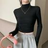 Interior Gray Long Sleeved T-shirt Women's Slim Fit TopFolded Spicy Girl Half High Neck Sweater