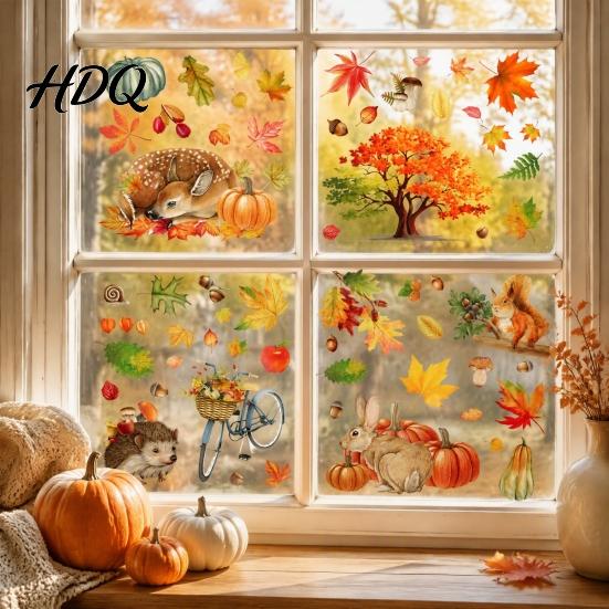 Autumn Atmosphere Window Stickers for Office 9PCS Forest Animal Clings Thanksgiving Maple Leaf Pumpkin Stickers Static Glass Decals Fall Decor