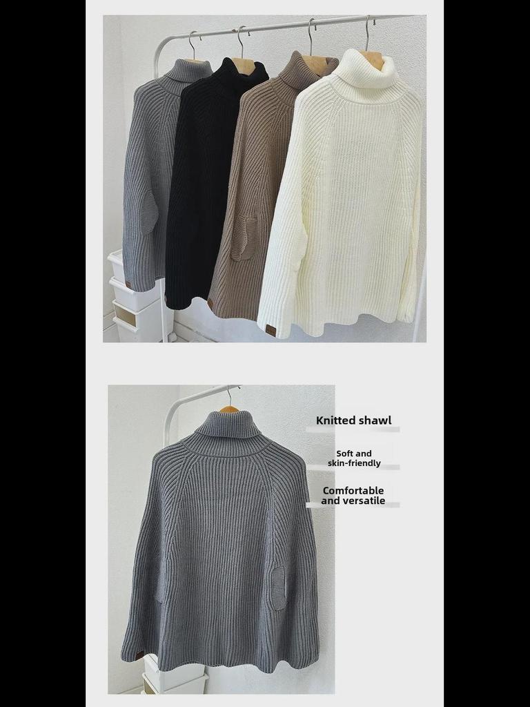 Women's Thick Solid Color High Collar Sleeveless Knitted Cape Shawl