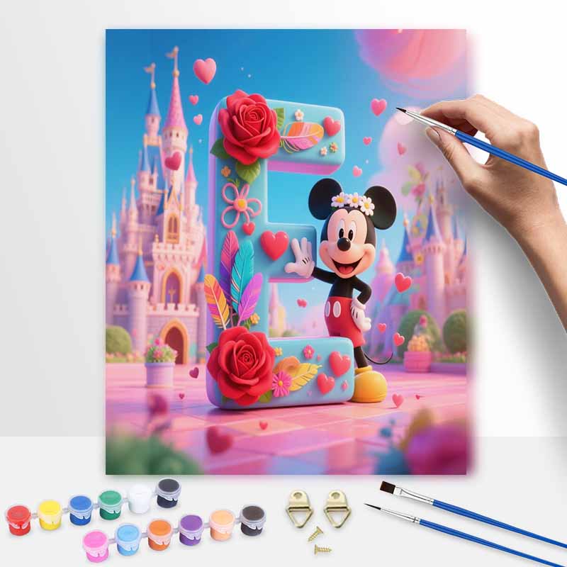 Disney oil painting art painting kit, Mickey Mouse letter E flower handmade diy art painting home wall decoration, dreamy castle room decor