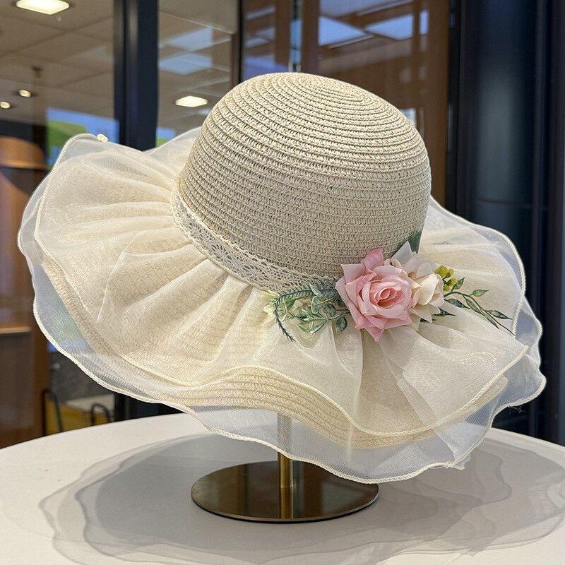 Straw Hat Women's Seaside Beach Wavy Edge Big Brim Sunshade Sunscreen Hat Summer New French Lace Flower