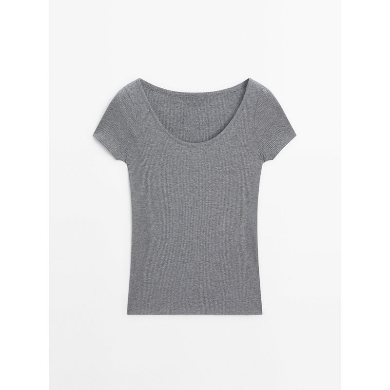 Za2024 Summer New Product Women's Clothes Casual Wind Pure Color Silm Rib U-Shaped Collar Short Sleeve T-shirt 06852578818