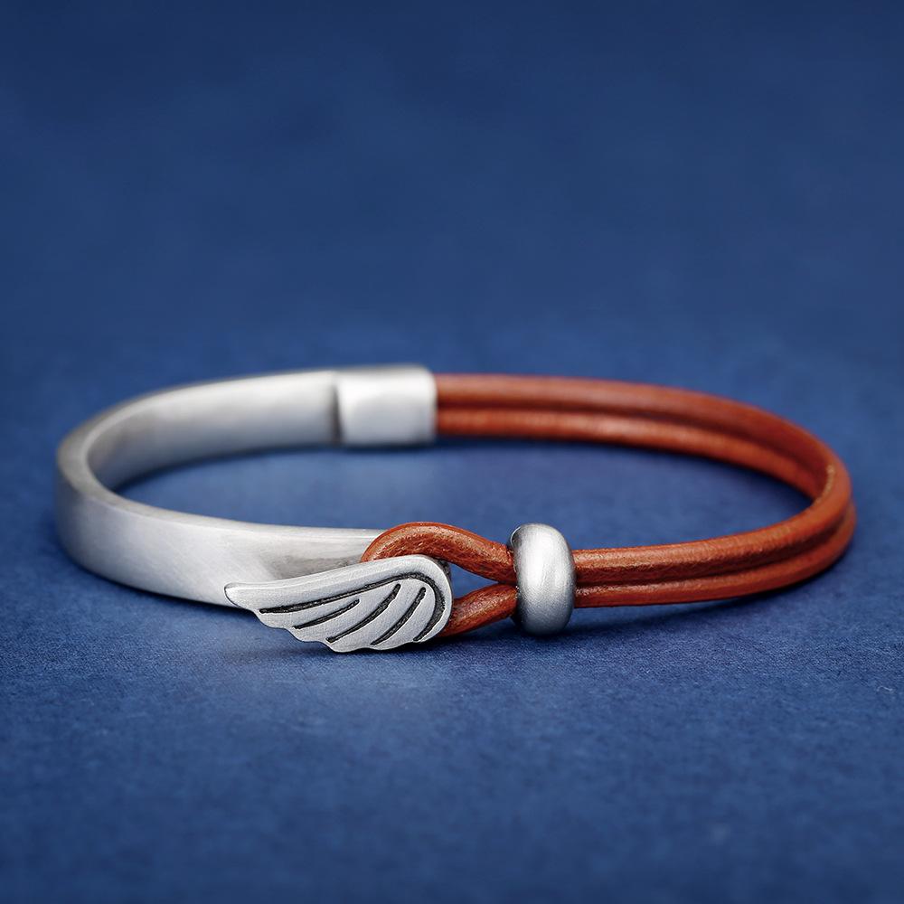 Hot Sale Handmade Cowhide Men s Bracelets Fashion Brown Leather Stainless Steel wings Woven Bracelet for Promotion Gift stainless steel leather bracelet серебряный