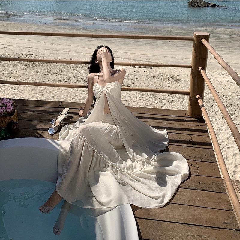 Neck Tube Top Seaside Vacation Dress, High-end Feeling, Big Swing, Elegant Fairy Gas Photo Suit Skirt