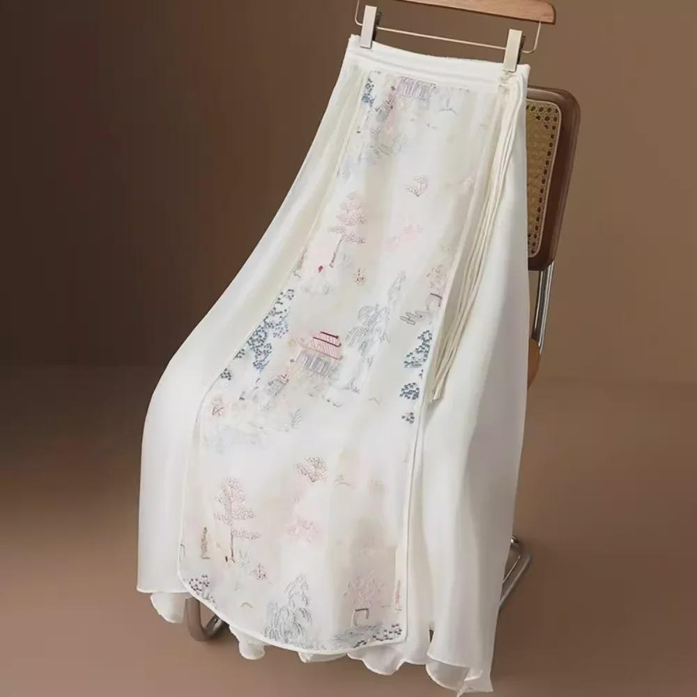 Exquisite Chinese Landscape Embroidery Hanfu Skirt with Organza Mesh