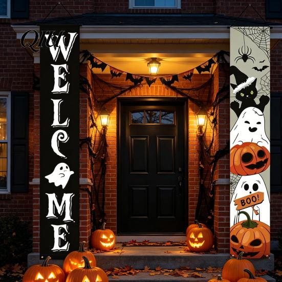 Halloween Festive Decor Porch Sign Banner, Pumpkin Ghost Party Awning Hanging Wall Supplies Door Decoration, Front Wreath Banner Yard Eye-catching