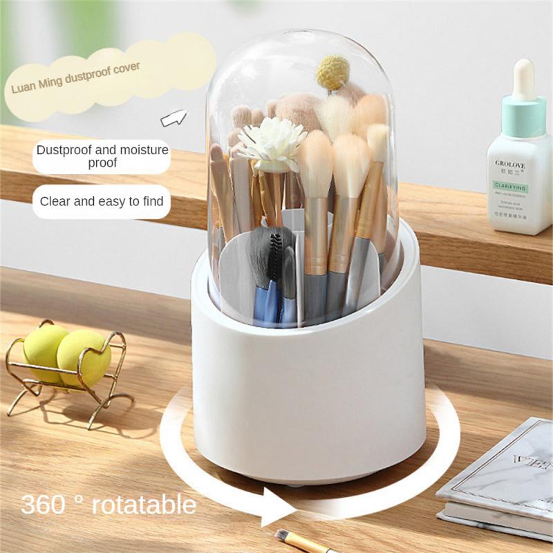 Desktop Makeup Brush Storage Bucket Cup Holder With Lid Rotating Makeup Lipstick Cosmetic Storage Box Organizer Tube Transparent