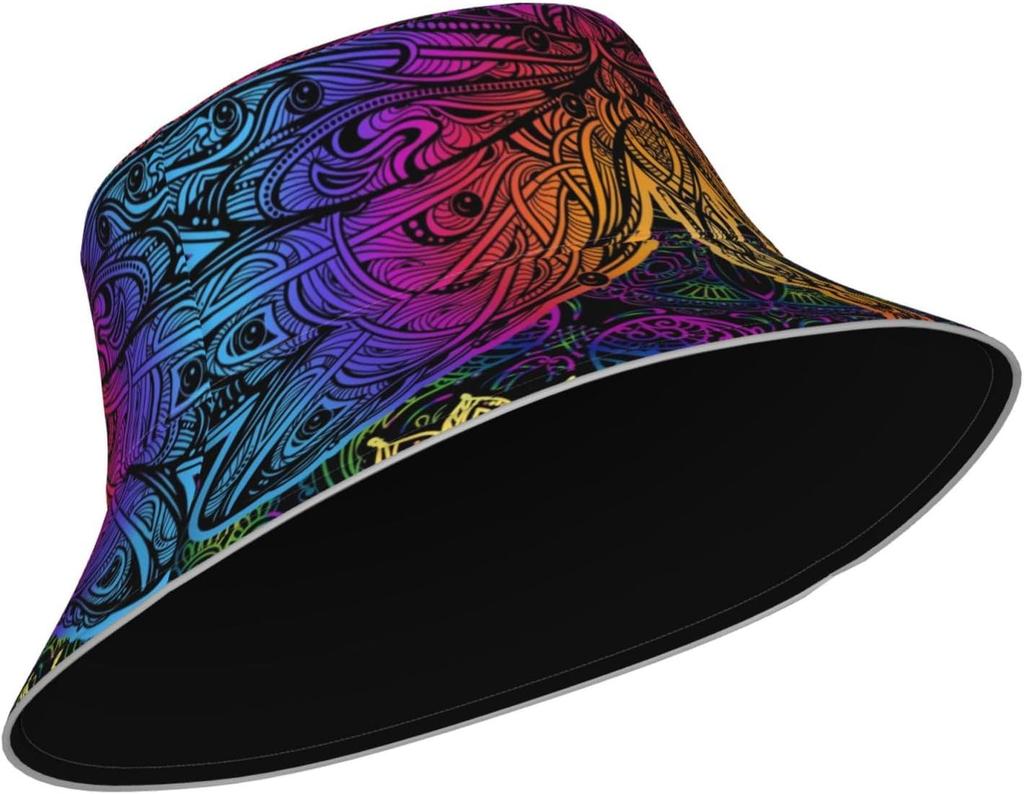 Rainbow Mandala Print Bucket Hat Psychedelic Bohemian Pattern Sun Hat For Men Women Summer Beach Festival Outdoor UPF