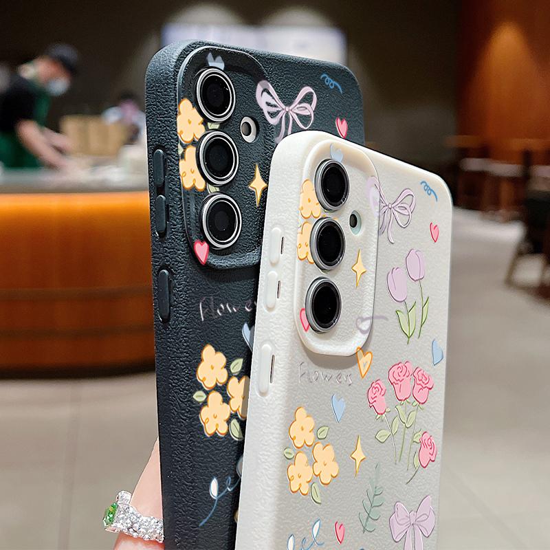Cartoon Floral Bowknot Print Slim Phone Case For Samsung S25 S24 FE S23 Ultra A36 A56 A16 A55 A26 A35 Leather Texture TPU Soft Shockproof Matte Cover