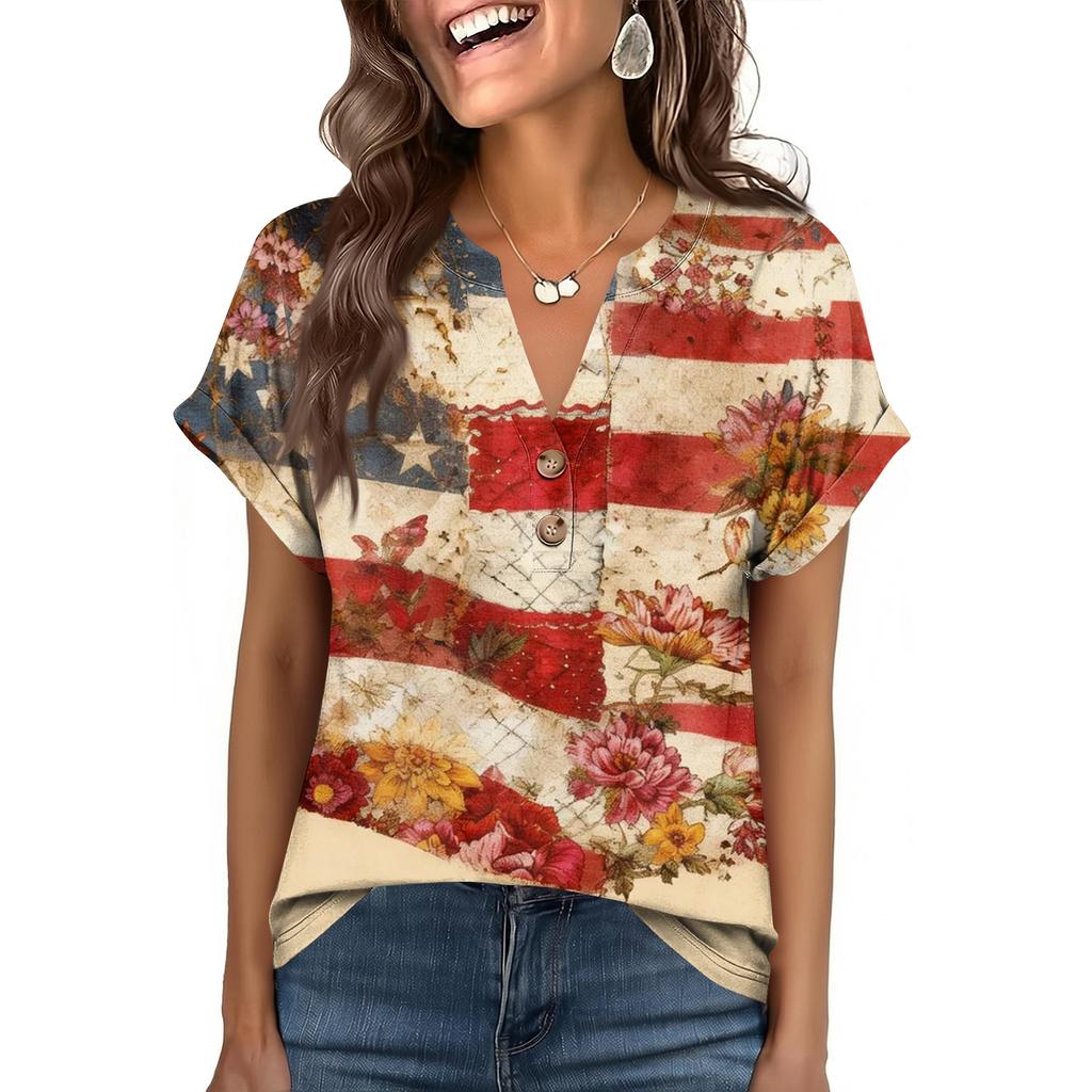 Women's Fashionable Casual Loose-Fit Short-Sleeved Button-Up V-Neck Printed T-Shirt Top