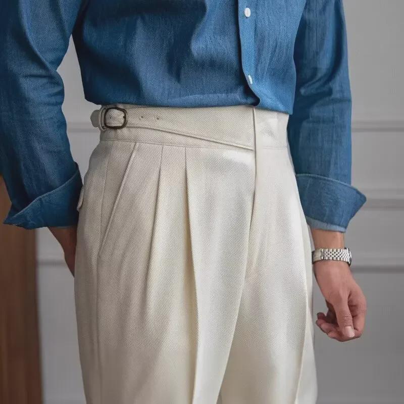 Herren High-Waist Straight-Leg Drape Hose - Britischer Stil Formal für Frühling & Herbst