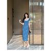 French retro waist floral dress women's summer niche design sense square neck lace edge beautiful holiday style dress