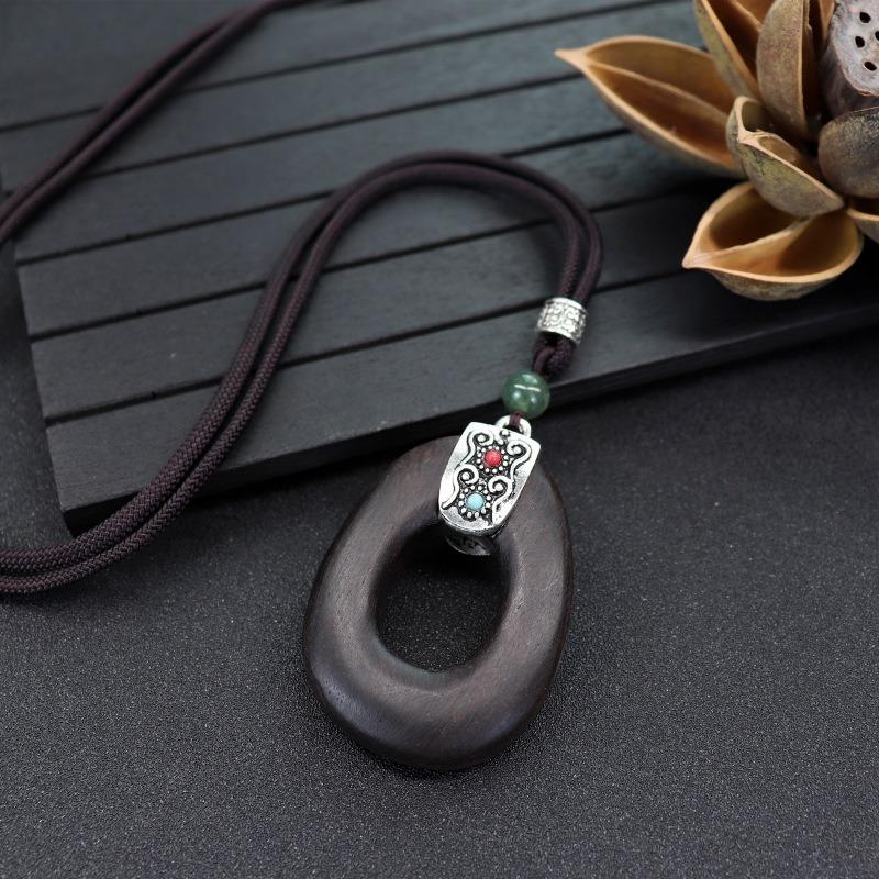 Retro Literary and Artistic Long Ebony Necklace Wooden Pendant Women's Simple Zen Sweater Chain Cotton and Linen Accessories