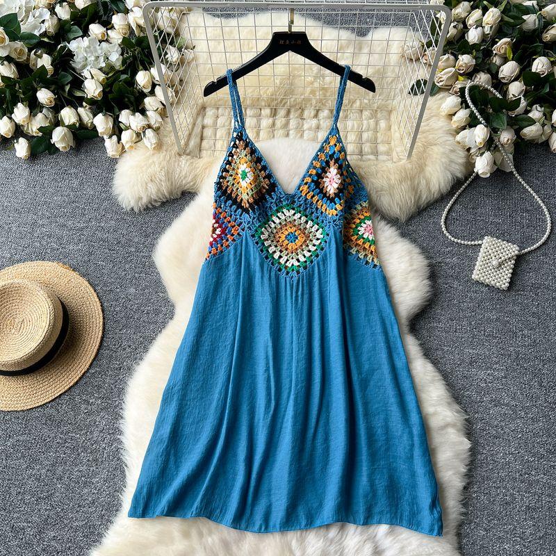 

Bohemia Vacation Style Sling Dress Women s Cut Out Color Crocheted Patchwork Loose Slim Looking A- line Beach Dress Sky Blue One size