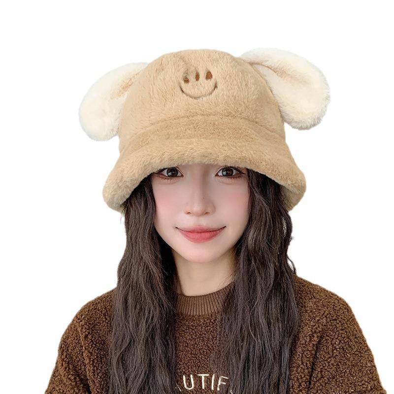 New Thick Plush Ears Puppy Fisherman Hat Warm Ear Protection Cold Basin Hat Cute Little Face Showing Hat for Women